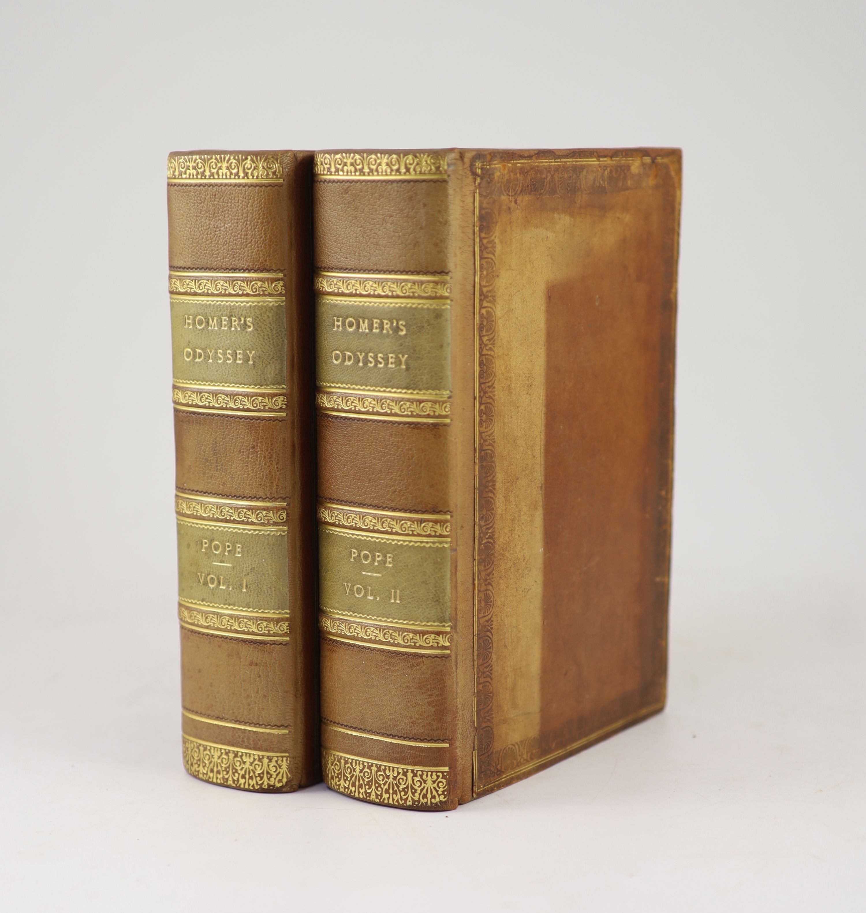 Pope, Alexander - The Odyssey of Homer. Translated by Alexander Pope, Esq. new edition, 2 vols, 3 engraved plates: old blind-decorated and gilt-ruled calf, gilt-decorated spines with green labels, roy.8vo. 1802